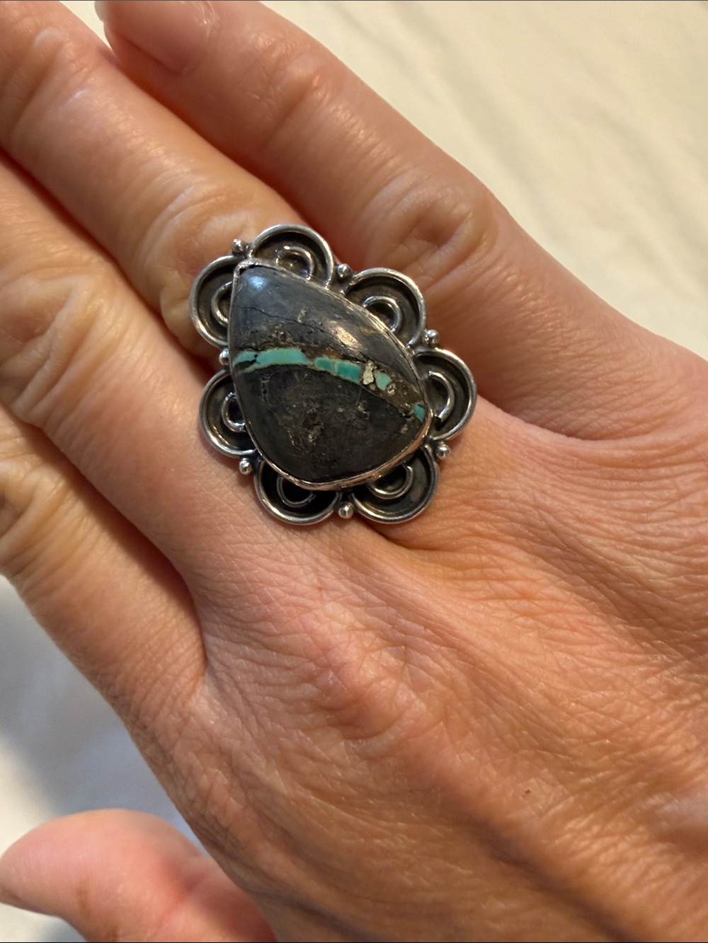 Sterling Silver Turquoise Inlay Teardrop Ring adjustable